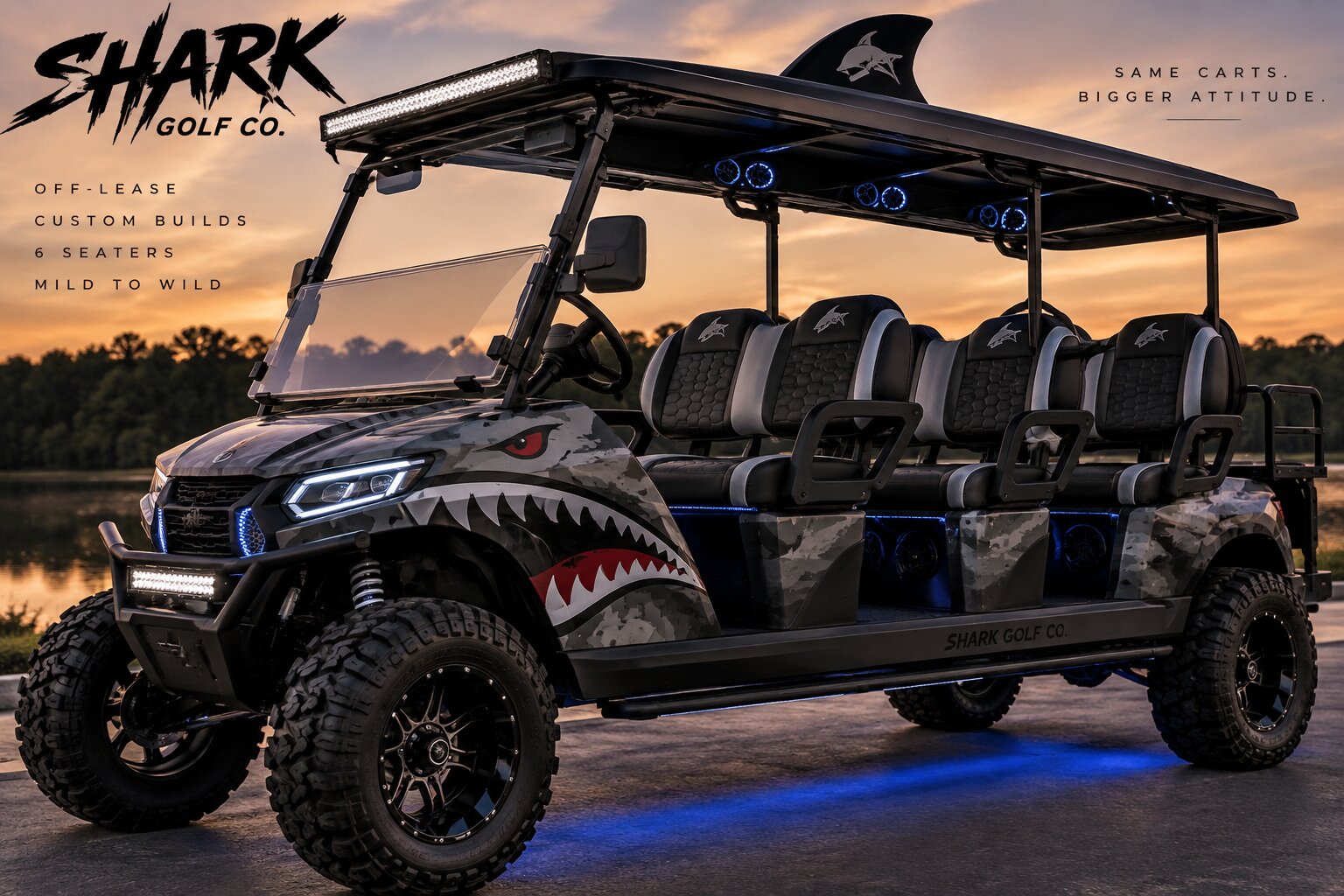 A refurbished Shark Golf Company cart